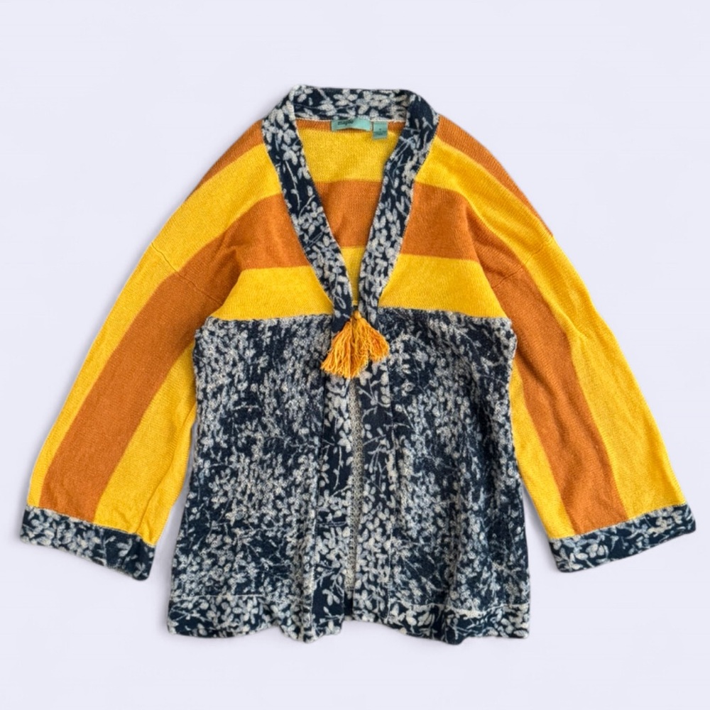 Anthropologie Maple Linen Cotton Floral Stripe Cardigan Tie Front S